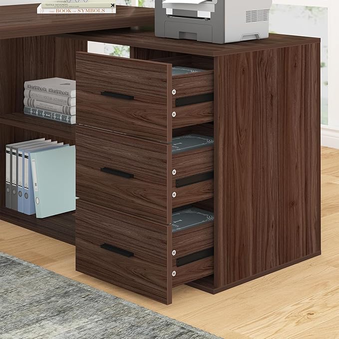 HSH 360 Rotating L Shaped Desk with Drawers, Walnut L Shape Computer Desk with Storage Cabinet Shelves, Rustic Home Office Desk for Executive Writing Study Work, Swivel Desk Wood Table, 55 Inch