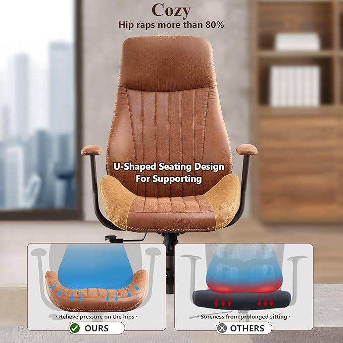 Mid Century Modren Office Chair - Fuax Leather Suede Brown Executive Chairs Ergonomic Mid Back with Lumbar Support, Swivel Computer Desk Task Chair with Wheels for Home Office (Brown, Hign Back)