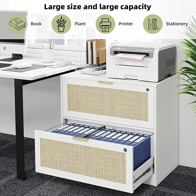 HOPUBUY 2 Drawer File Cabinet with Lock, Printer Stand Lateral Filing Cabinets for Home Office and School, Wood Rattan File Cabinet for Hanging Files/Letter/Legal/A4/F4 Size, White