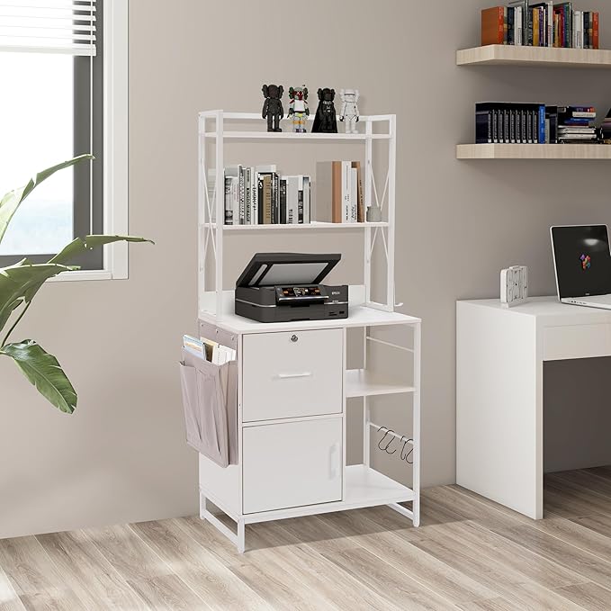 Vertical File Cabinet,Filing Cabinet with Shelves,Charging Station,Hanging Pouch and Hooks,Vertical Filing Cabinet Fits Letter/A4/Legal Size (White)