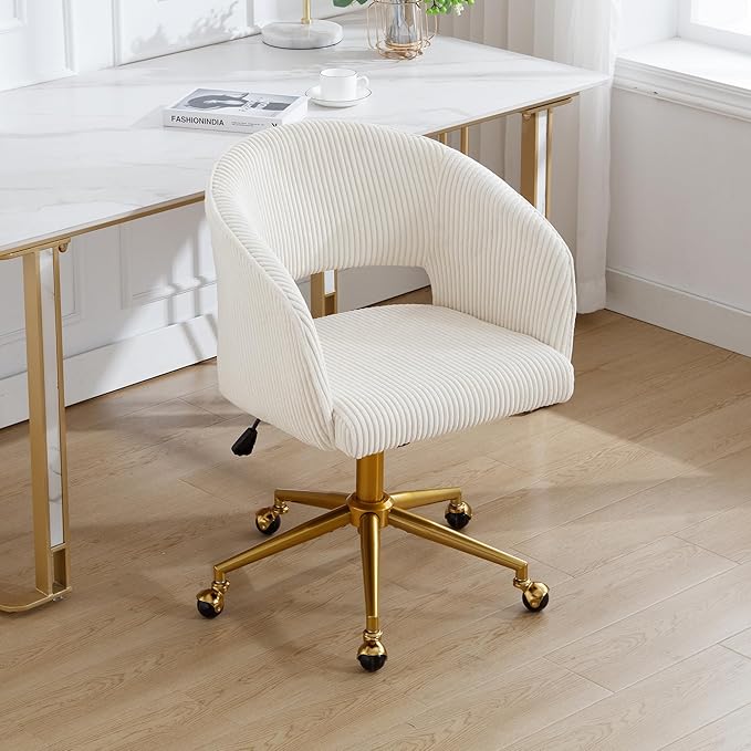 ABET Desk Chair with Wheels, Corduroy Home Office Chair, Swivel Armchair Gold Base, Upholstered Modern Accent Chairs, Back Incline Adjustable for Living Room Bedroom Vanity, Beige