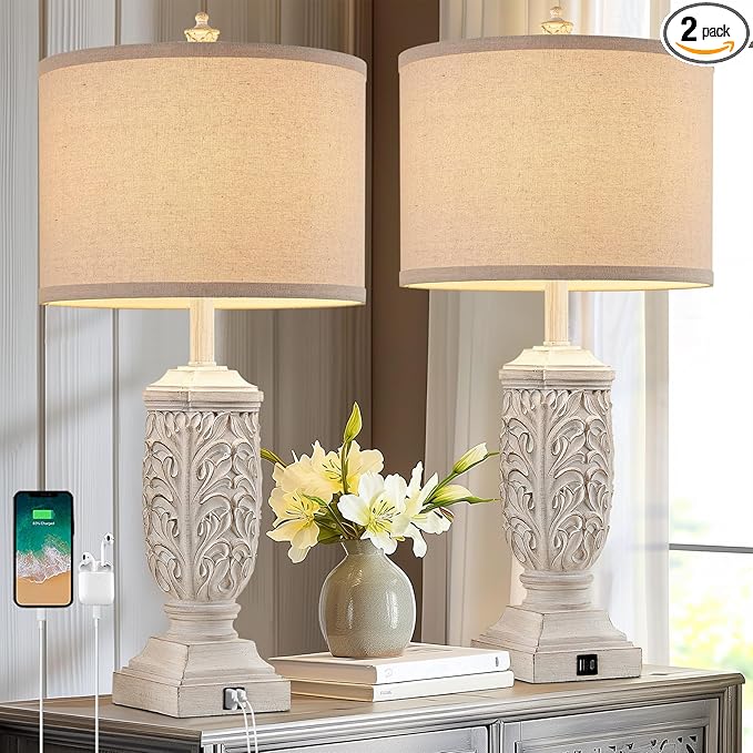 Table Lamps Set of 2 for Living Room, Farmhouse Bedside Lamp with USB C+A for Bedroom, 28.5" Tall Rustic Nightstand Lamps with Linen Fabric Shade,White Elegante Lamps for Hotel Office Decor