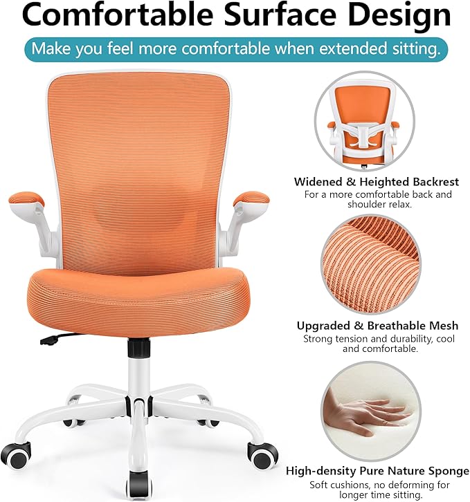 FelixKing Office Chair, Ergonomic Desk Chair Breathable Mesh Chairs Adjustable High Back Lumbar Support Flip-up Armrests, Executive Rolling Swivel Comfy Computer Chairs Home Office Sunset Orange