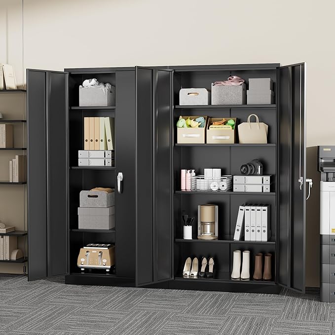 Greenvelly Metal Storage Cabinet with Lock,71" Metal Garage Cabinet with 2 Doors and 4 Adjustable Shelves,Lockable Storage Organization, Steel Tool Cabinets for Office,Home,Garage,Gym,School (Black)