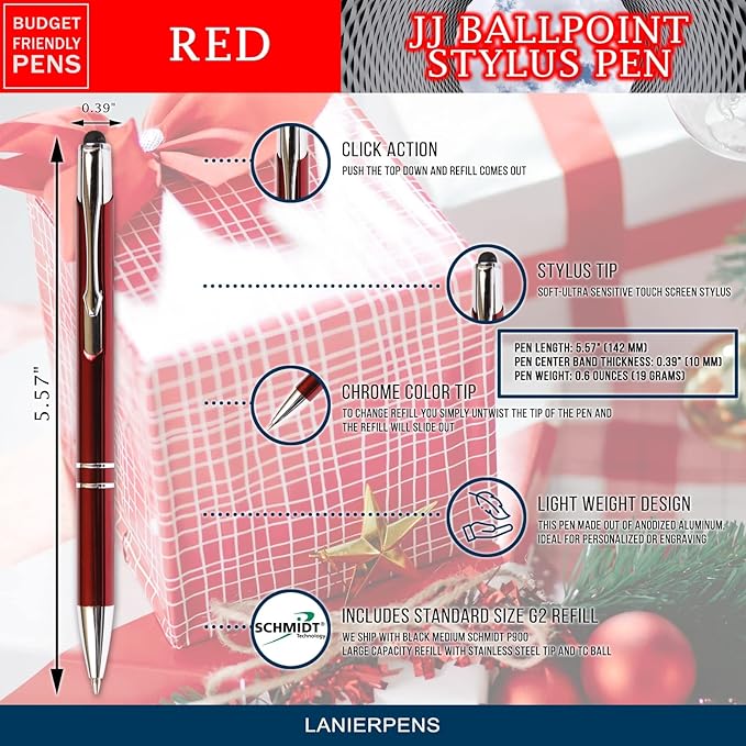 Red JJ Ballpoint Pen with Stylus - Black Ink Refill, Medium Tip Point