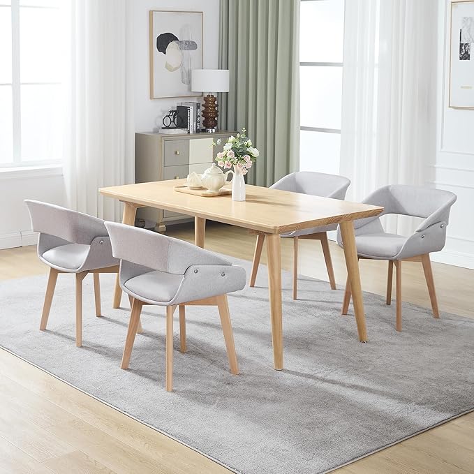 Home Office Desk Chair No Wheels, Upholstered Linen Fabric Modern Accent Side Armchair with Wood Legs Hollow-Out Back, for Vanity Living Dining Room Bedroom, 1PC & Grey