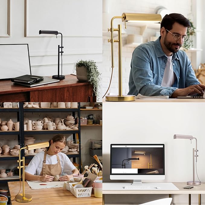 O'Bright Aurora LED Pharmacy Desk Lamp - Swing Arm, Industrial Design for Reading, Crafting, Work,10W LED, Adjustable Height 18.5-24.5 inches - Ideal for Living Room, Bedside, Office, Antique Brass