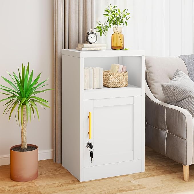 Metal White Nightstand with Lockable, 27.56" Small End Table Storage Cabinet with Door and Adjustable Shelf, Versatile Side Table for Bedroom, Living Room or Office (White)