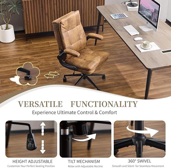VINGLI Comfy Brown Leather Office Desk Chair,Ergonomic High-Back Computer Gaming Chair with Replaceable Wheels,Dual-Base,Adjustable Height&Armrests,360 Swivel Task Chair for Home Office,Vintage,Rustic