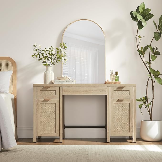 SICOTAS Rattan Executive Desk with Storage - 52" Large Home Office Desk with 3 Drawers and 2 Cabinets, Farmhouse Boho Computer Table Vanity Desk for Study, Office, Living Room, Light Oak