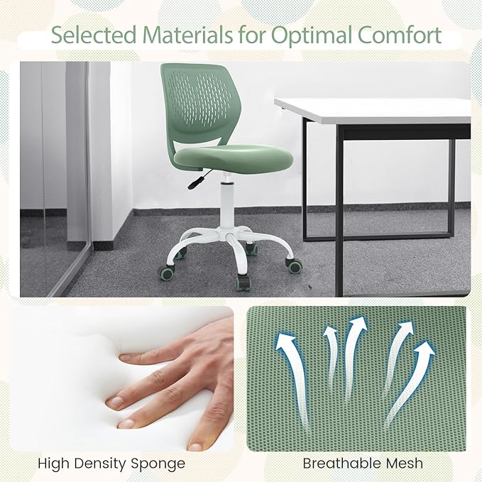 POWERSTONE Small Home Office Desk Chair, Swivel Rolling Study Computer Chair, Adjustable Height Task Chair with Armless Mid Back, Upholstered Mesh Seat, Light Green