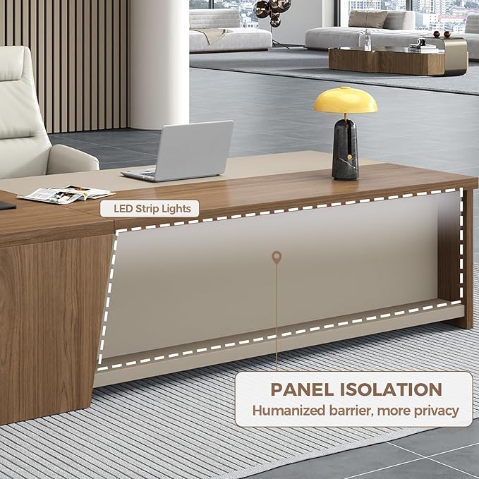 Premium Executive Desk, Modern L Shape Office Executive Desk with Drawers, Lockable Storage & Cable Management (Champagne Wood Grain+Beige/Right,79" L*63" W*30" H)