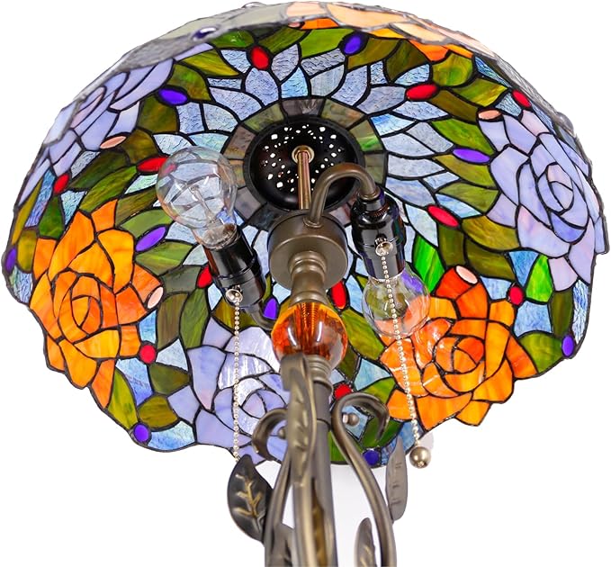 Tiffany Table Lamp Yellow Red Rose Flower Stained Glass Desk Reading Light 16X16X24 Inch Metal Leaf Base for Bedroom Living Room Home Office