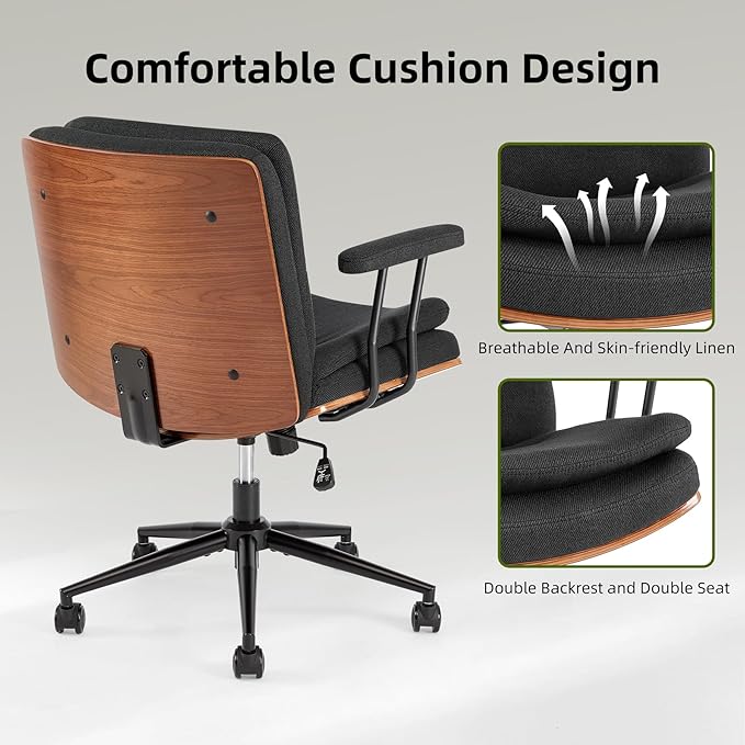 Criss Cross Chair with Armrests & Wheels, Linen Fabric Adjustable Swivel Walnut Task Chair with Wide Seat, Ergonomic Mid Back Computer Office Desk Chairs for Meeting Room, Home