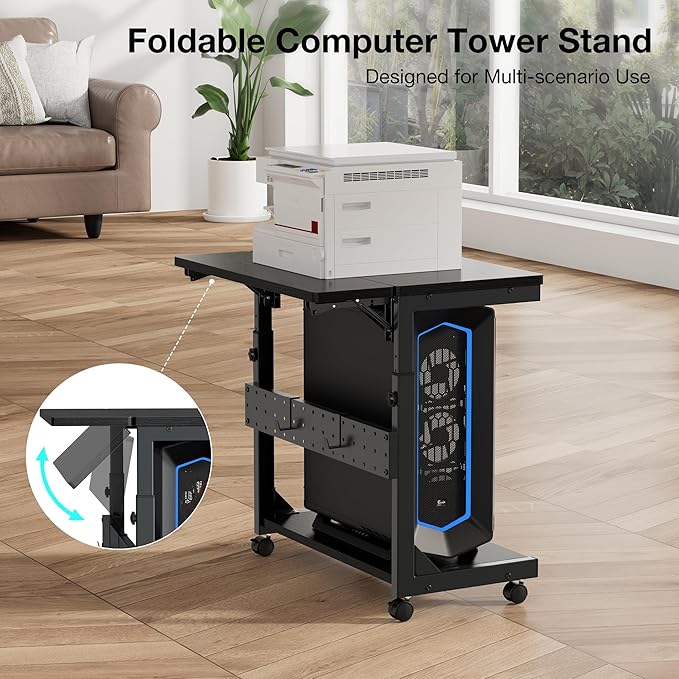 Height Adjustable Computer Tower Stand, 2-Tier PC Stand CPU Holder Under Desk Gaming Case Cart w/Rolling Wheels & Mouse Pad, Folding End Table Mobile Laptop Desk
