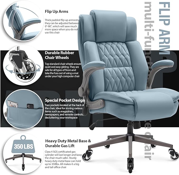 Large High Back Office Chair - Adjustable Lumbar Support Flip Up Arms Heavy Duty Quiet Wheels Metal Base Breathable Bonded Leather Ergonomic Executive Computer Desk Chair with Storage Bags, Blue
