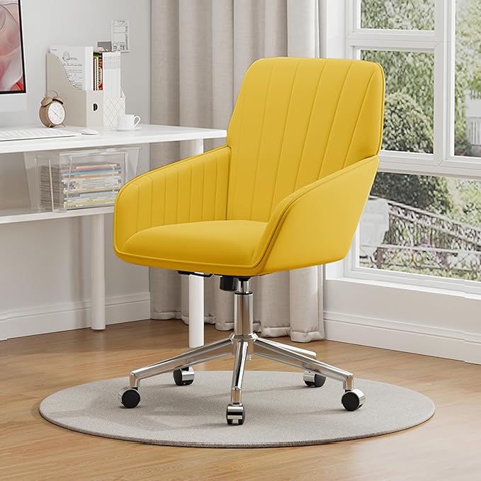 YISHENG Velvet Office Desk Chair with Silver Base, with Wheels,Modern Height Adjustable 360 Degree Swivel Upholstered Vanity Chairs with Arms for Living Room Bedroom,Yellow