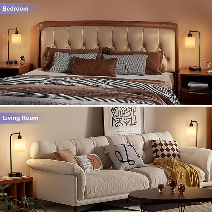 Industrial Touch Bedside Lamps for Bedrooms Set of 2 - 3-Way Dimmable Nightstand Lamps with USB C+A Ports and Outlet, Table Lamps with Opal Glass Shade for Living Room, Desk Lamps for Home Office