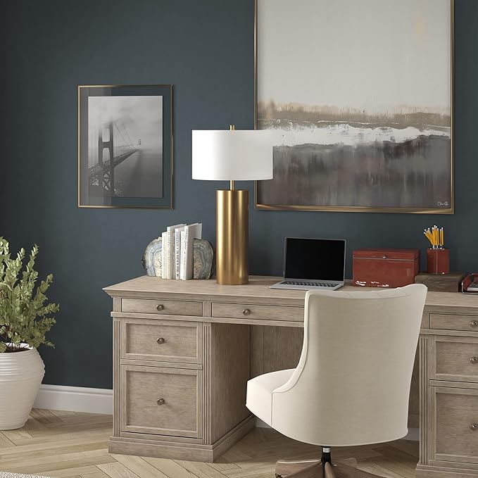 Henn&Hart 29.5'' Mid-Century Modern 1-Light Table Lamp with White Fabric Drum Shade for Living Room, Bedroom, or Office, Brass