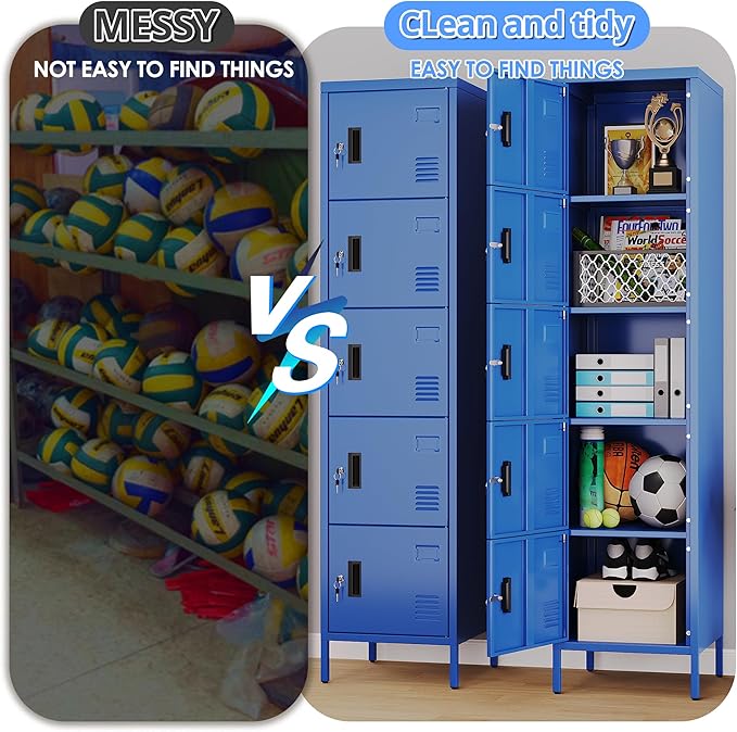 Metal Locker with Lock and Ventilation Holes,Metal Storage Locker with Business Card Slof for Home,Gym,Garage,School,Office,66" H x 15.8" W x 15.8" D Assembly Required,Blue