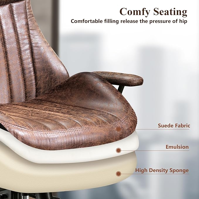 Mid Century Modren Office Chair - Fuax Leather Suede Brown Executive Chairs Ergonomic Mid Back with Lumbar Support, Swivel Computer Desk Task Chair with Wheels for Home Office (Dark Brown, Hign Back)