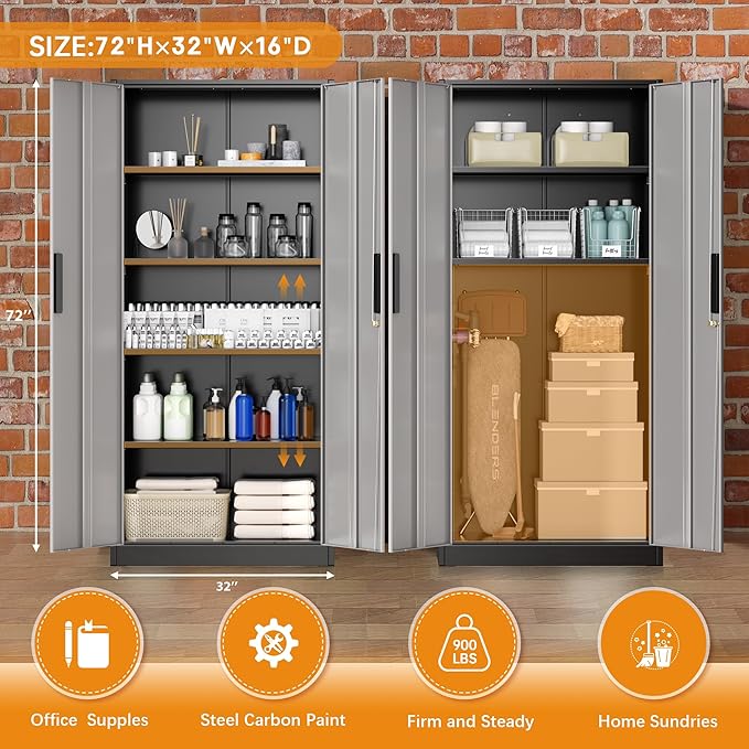 Greenvelly Metal Storage Cabinet, Locking Steel Garage Cabinets with Doors and Adjustable Shelves, Metal Tool Cabinets for Garage,Home Office,School (Black Grey)