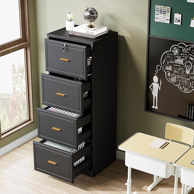 Tribesigns 4-Drawer File Cabinet with Lock, Locked File Cabinet with Key, Tall Wooden Filing Cabinets for Home Office, Vertical Office Storage for Legal Size/Letter/A4/Files, Black
