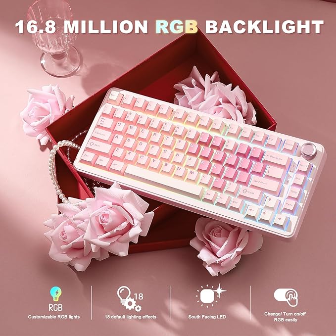 YUNZII B75 PRO Wireless Mechanical Keyboard,75% Layout with Knob,Hot Swap Gasket Custom Structure,Creamy Pre-lubed Switches,RGB Backlit,Bluetooth/Type-C/2.4G for Win/Mac(Cocoa Cream V2 Switch,Pink)