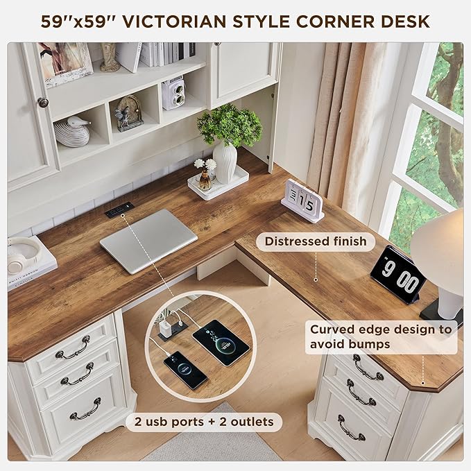 T4TREAM 59" L Shaped Desk with Hutch,Victorian Wood Computer Desk, Featuring Charging Station,File Drawer, Storage Cabinet,for Home Office Work and Study (Antique White)