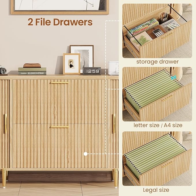 SEDETA 2 Drawer File Cabinet, 39.4" Filing Cabinet for Home Office, fit Legal/Letter/A4 Size, Modern Fluted Filing Cabinets with 2 Sliding Door Storage, Printer Stand, Natrual