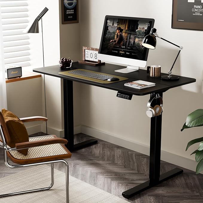 ERGOMAKER Electric Standing Desk, 43.3" x 23.6" Height Adjustable Sit Stand Desk with Splice Board for Home Office, Computer Desk Memory Preset (Black Frame, Black Desktop)