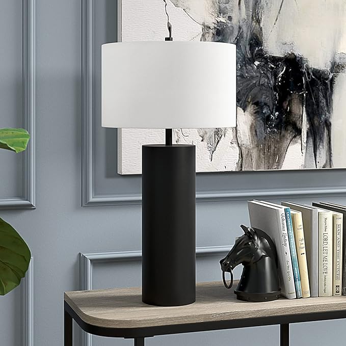 Henn&Hart 29.5'' Mid-Century Modern 1-Light Table Lamp with White Fabric Drum Shade for Living Room, Bedroom, or Office, Blackened Bronze