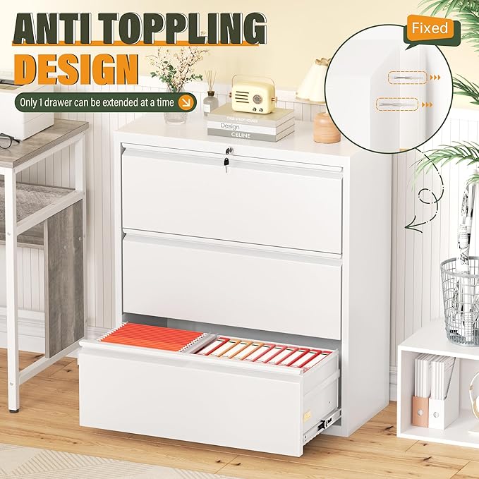 Greenvelly 3 Drawer Lateral File Cabinet with Lock, White Filing Cabinet for Home Office, Locking Metal File Cabinet for Legal/Letter/A4/F4 Size with Hanging Bars&Key