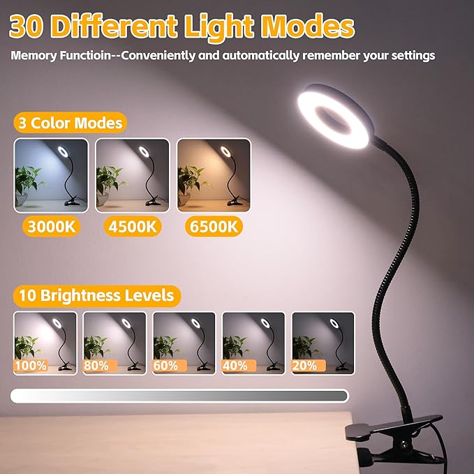 Foneso Desk Lamp Clip on Light with Adapter, 48 LED Reading Lamp with USB Charging Port, 3 Color Mode 10 Brightness Levels, Flexible Gooseneck, Memory Function Clamp Lamp for Home, Office, Makeup