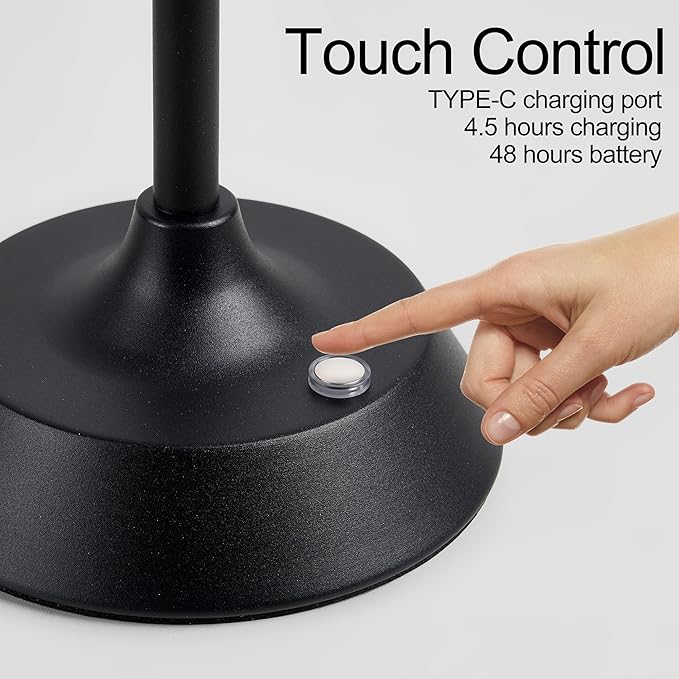 LED Cordless Black Table Lamp Portable Dimmable Desk Lamp 6000mA Battery Powered Touch Control Table Lamp Dining Room,Bedroom,Bar,Camping,Balcony.