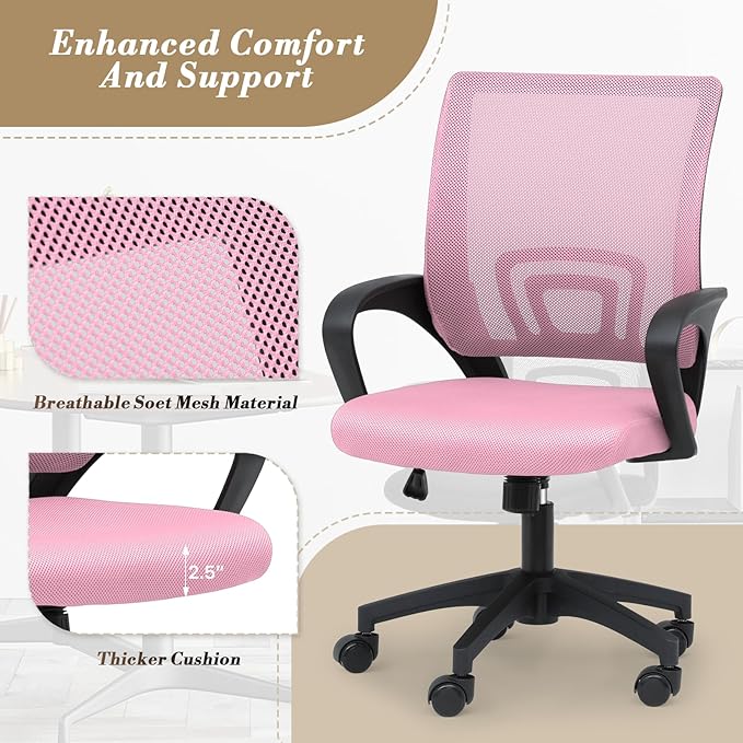 Athena Collection Computer Office Chair, Ergonomic Desk Chair with Rolling Wheels, Mesh Back Support and Height Adjustable, Small and Comfy for Home Office, Study, Pink