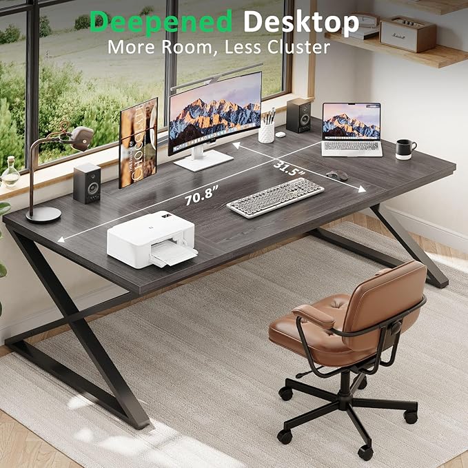 IBF 70 Inch Large Desk, Long Computer Desk for Writing Study, Industrial Home Office Work Executive Desk for Bedroom, Wood Metal Pc Gaming Workstation Computer Table for 2 Monitors, Dark Gray Oak