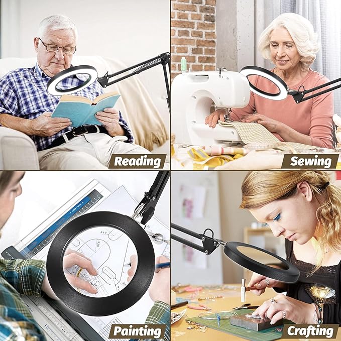 LANCOSC Magnifying Glass with Light and Stand, 5 Inches 10X Real Glass Lens, 3 Color Modes Stepless Dimmable LED Desk Lamp, Adjustable Arm Lighted Magnifier Light for Reading Repair Crafts Close Work