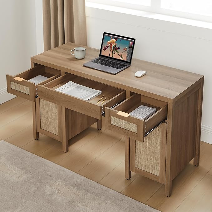 SICOTAS 52" Home Office Desk with Storage - Rattan Executive Desk with 3 Drawers and 2 Cabinets, Farmhouse Boho Larger Computer Writing Table for Study, Office, Living Room, Oak