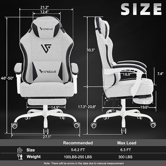Vonesse Gaming Chair, Computer Chair Fabric with Pocket Spring Cushion, Office Chair with Footrest and Massage Lumbar Support, Reclining Gaming Chairs for Adults 250LBS (Beige White)