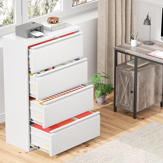 Greenvelly 4 Drawer Lateral File Cabinet with Lock, White Metal Filing Cabinet for Home Office, Locking Metal File Cabinet for Legal/Letter/A4/F4 Size with Hanging Bars&Key