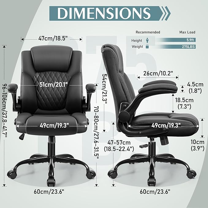 Leather Office Chair, PU Home Computer Desk Chairs with Ergonomic Back Support, 360°Swivel Free,Small Gaming Chair with Wheels and Adjustable Armrests, for Short People Use, Black