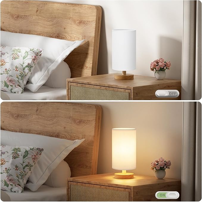 Small Table Lamp for Bedroom - Inline Control, Bedside Lamp with 3000K A15 LED Blub, Easy Assembly (White Shade - Wood Base, 9" Inline Control)
