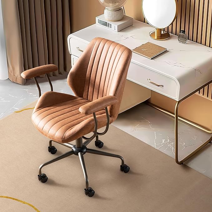 Mid Century Modren Office Chair,Mid Back Ergonomic Executive Chair with Lumbar Support, Computer Desk Swivel Task Chair with Wheels, Faux Lether Suede Fabric Home Chair, Brown