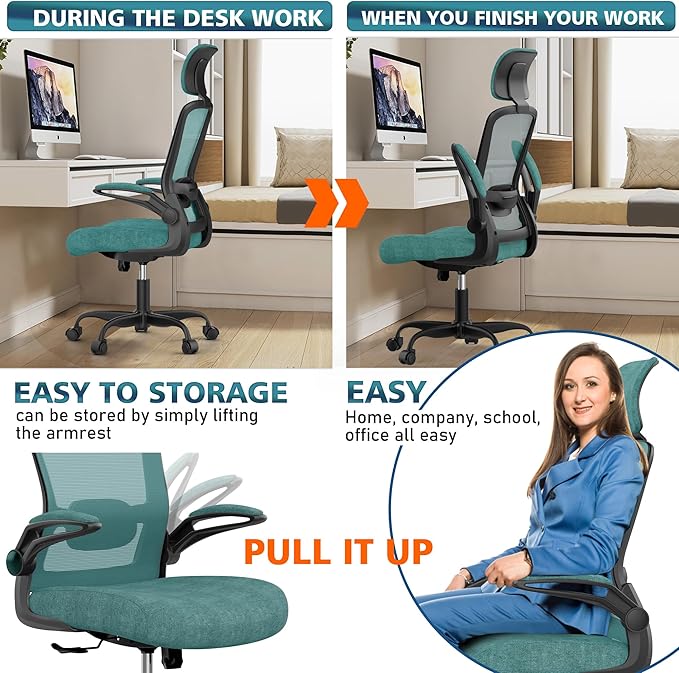 Ergonomic Office Chair for Long Hours & Back Pain Relief – Adjustable Lumbar Support & Headrest, High-Density Foam Cushion, Flip-Up Armrests, Perfect for Work & Study, Green
