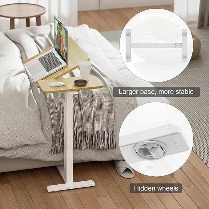 Ywin Medical Adjustable Tilt Overbed Bedside Table with Wheels, Small Portable Desk, Tray Table(27.6" W x 15.8" D), for Bedroom, Hospital, Couch, Office Use,Light Rustic Brown