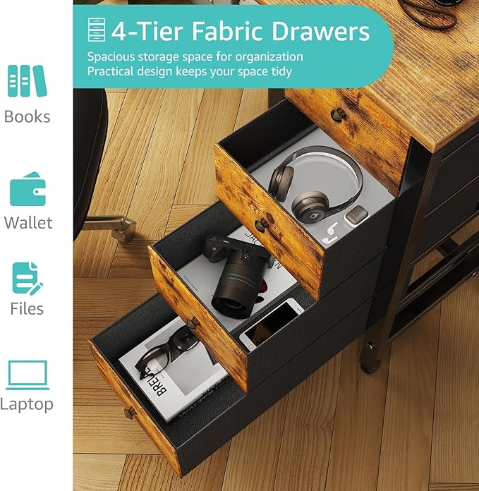 Lufeiya 47 inch Computer Desk with 4 Fabric Drawers, Reversible Writing Work Study Desk for Home Office Bedroom, Modern Simple Student PC Desks, Rustic Brown