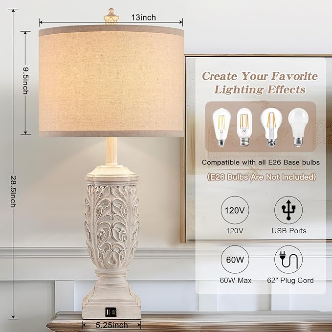 Table Lamps Set of 2 for Living Room, Farmhouse Bedside Lamp with USB C+A for Bedroom, 28.5" Tall Rustic Nightstand Lamps with Linen Fabric Shade,White Elegante Lamps for Hotel Office Decor