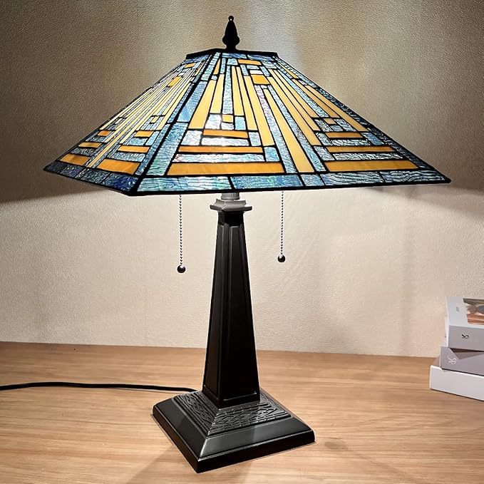 Tiffany Table Lamps 16" Wide Handmade Stained Glass Desk Lamp for Reading 2 Lights Blue Mission Style Antique Table Light for Living Room Bedroom Home Office