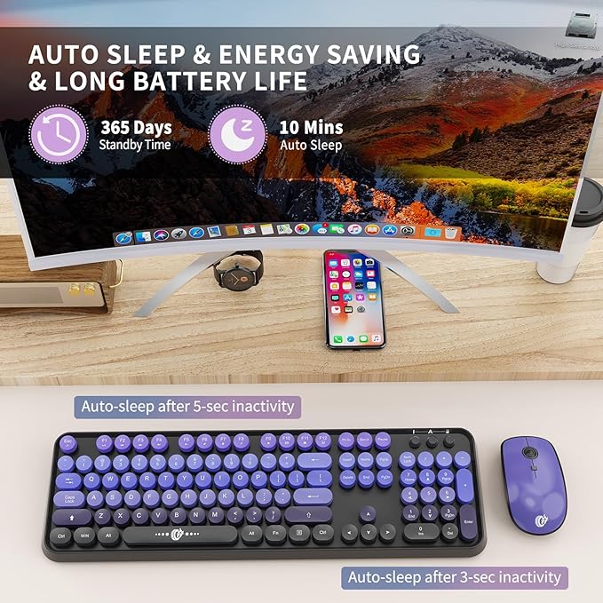 Wireless Keyboard and Mouse Combo | Cute Colorful Keyboard and Mouse with 2.4GHz Cordless Retro Typewriter Keyboard | Auto-Sleep | USB Receiver for Windows PC/Laptop - Black Purple Gradient